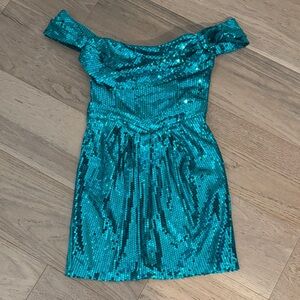 REVOLVE Off-Shoulder Teal Sequin Dress XS